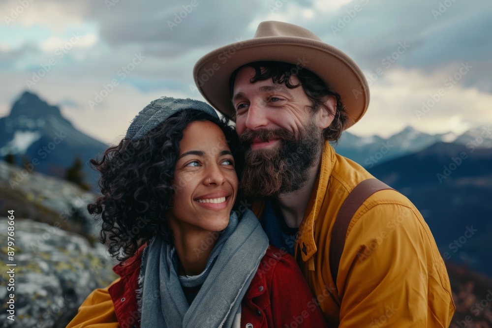 Portrait of a glad multiethnic couple in their 30s donning a classic fedora in front of backdrop of mountain peaks Portrait of a glad multiethnic couple in their 30s donning a classic fedora in front of backdrop of mountain peaks