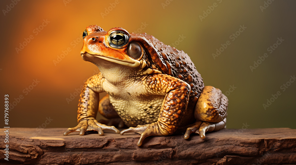 A large brown toad with bright orange eyes is sitting on a log in front of a blurred background in warm colors, looking at the camera with curiosity and wisdom in its eyes. A large brown toad with bright orange eyes is sitting on a log in front of a blurred background in warm colors, looking at the camera with curiosity and wisdom in its eyes.