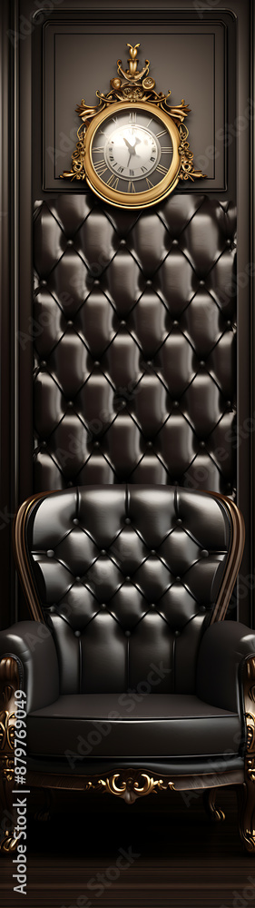 Black tufted leather throne in front of a tufted leather wall with a golden clock Black tufted leather throne in front of a tufted leather wall with a golden clock