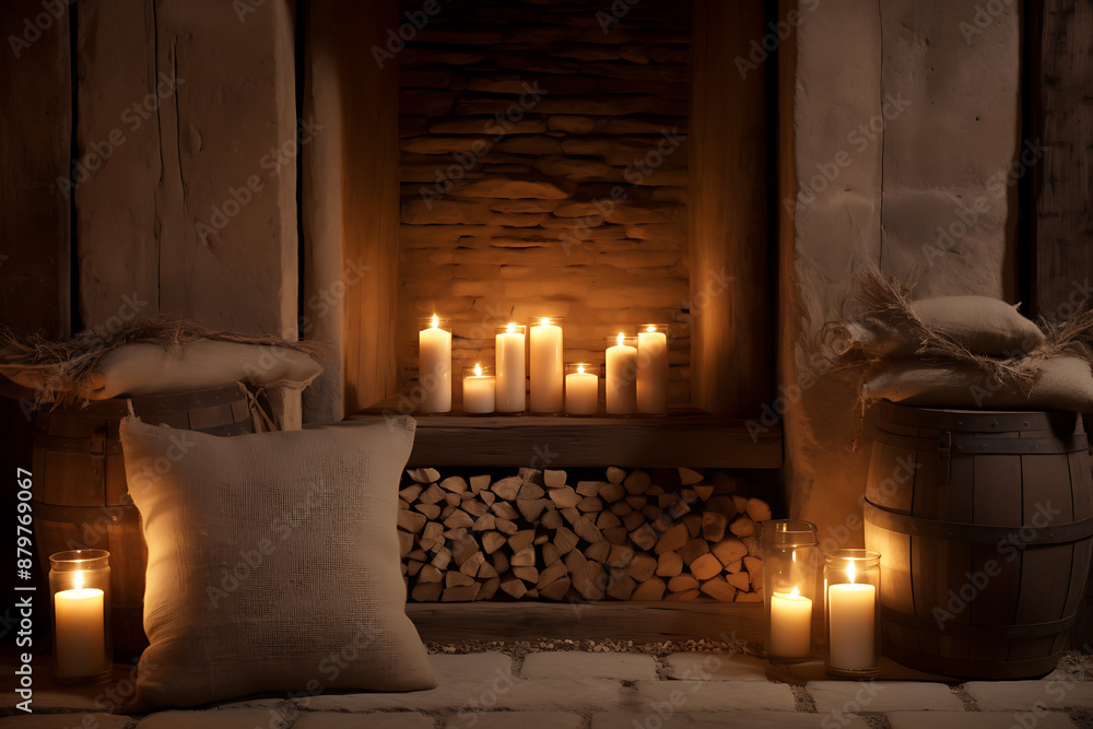 Fireplace with burning candles and firewood, creating a cozy and inviting atmosphere Fireplace with burning candles and firewood, creating a cozy and inviting atmosphere