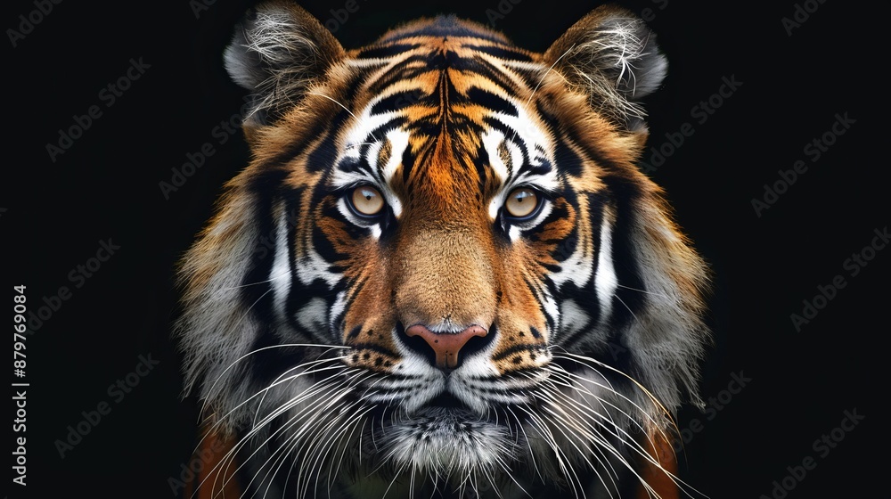 This stunning image captures a close-up of a majestic tiger's face, displaying its fierce eyes, stripes, and powerful presence in exquisite detail. This stunning image captures a close-up of a majestic tiger's face, displaying its fierce eyes, stripes, and powerful presence in exquisite detail.