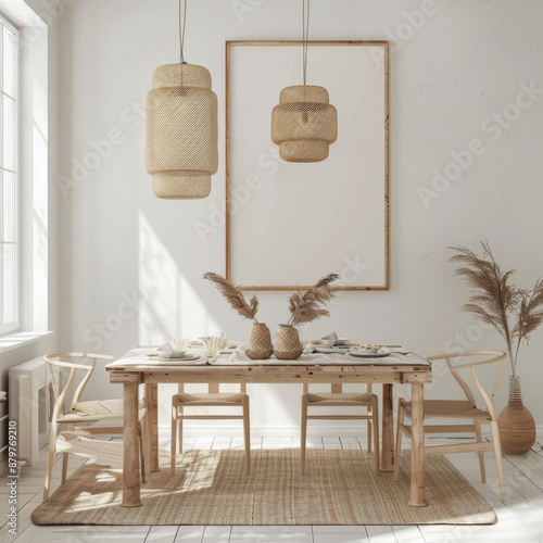 3D render of a mock-up poster frame in a dining room with Scandinavian-style decor.