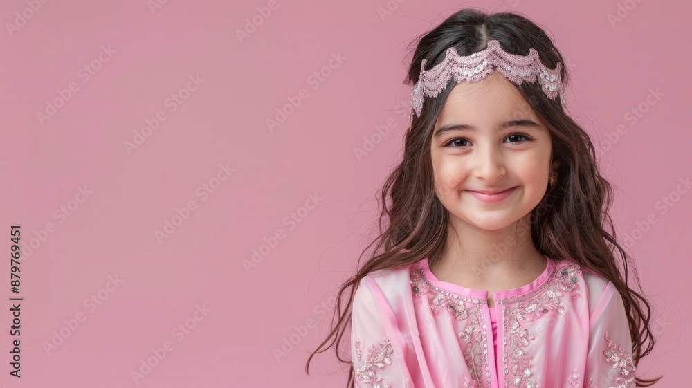A young girl in a pink dress smiles for the camera A young girl in a pink dress smiles for the camera