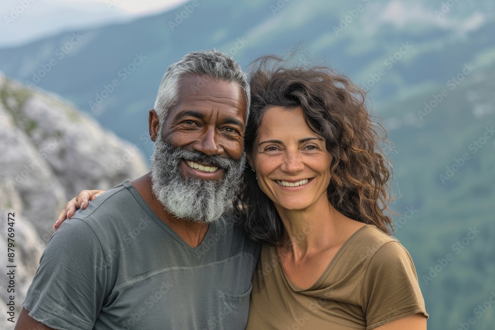 Fototapeta premium Portrait of a happy multicultural couple in their 40s dressed in a casual t-shirt over backdrop of mountain peaks