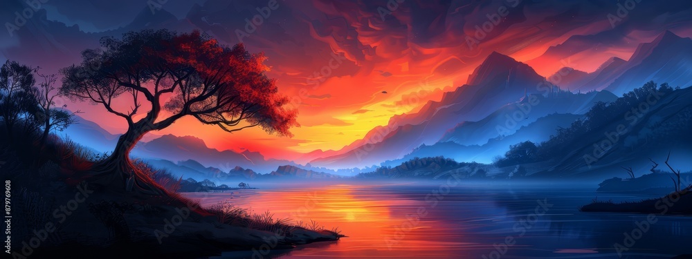 A sunset scene with a tree in the foreground and a body of water reflecting its glow A sunset scene with a tree in the foreground and a body of water reflecting its glow