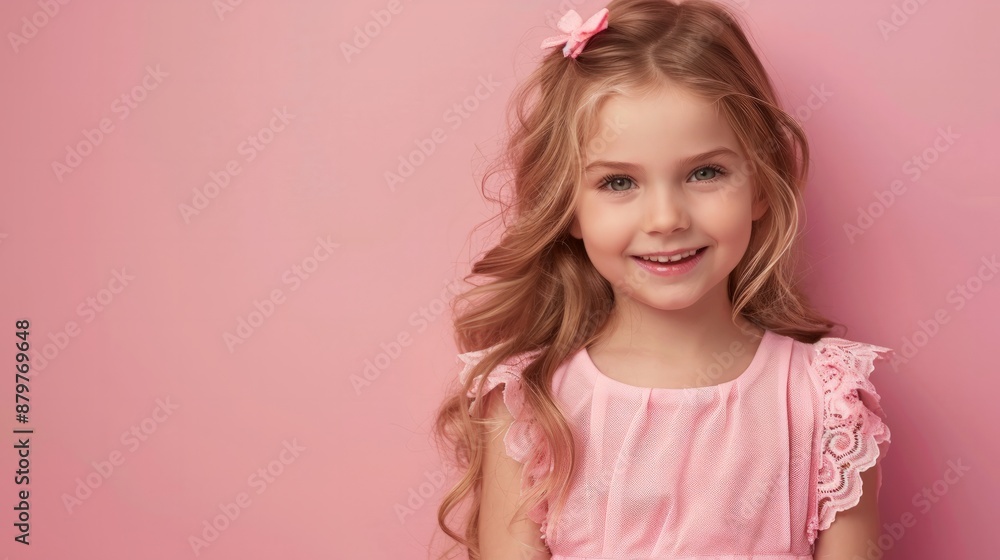 A girl with long blonde hair, wearing pink dress and bow, smiles A girl with long blonde hair, wearing pink dress and bow, smiles
