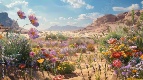 Flowers blooming in desert sand, blending vibrant life with arid landscape, realistic detail photo