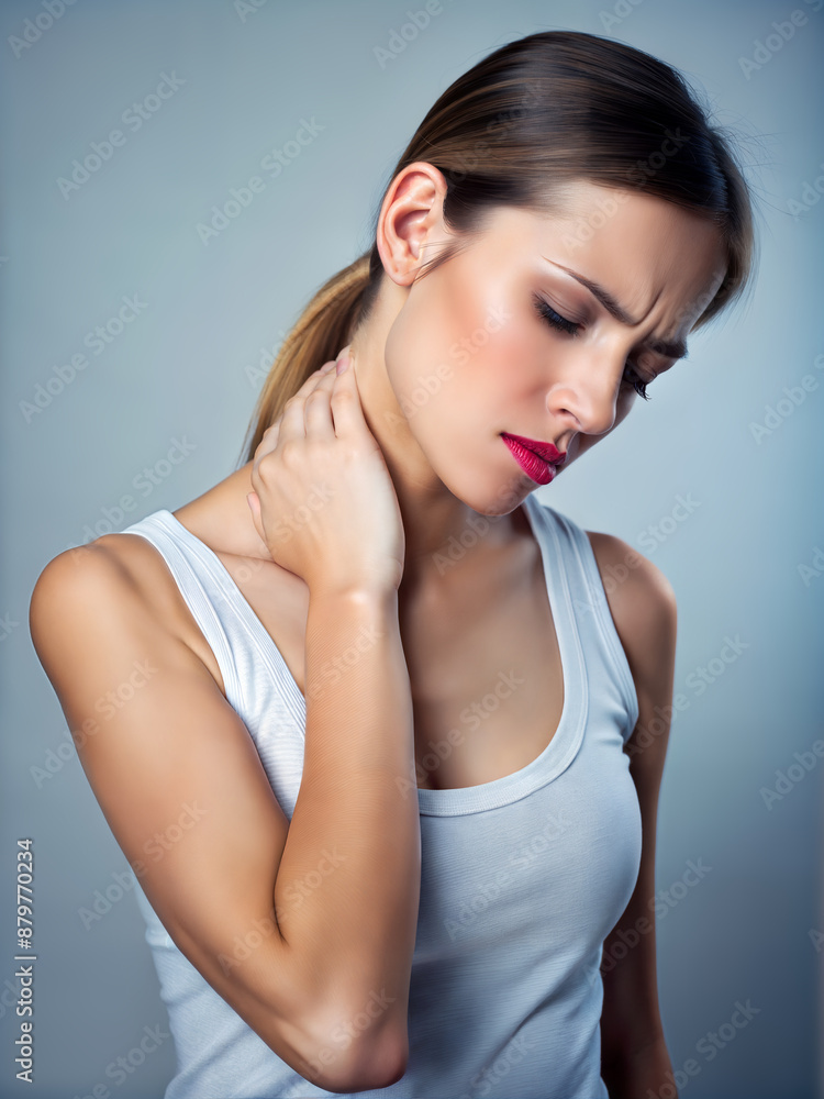 Woman Holding Her Neck in Pain, Experiencing Discomfort, Indoor Portrait. Generative AI Woman Holding Her Neck in Pain, Experiencing Discomfort, Indoor Portrait. Generative AI