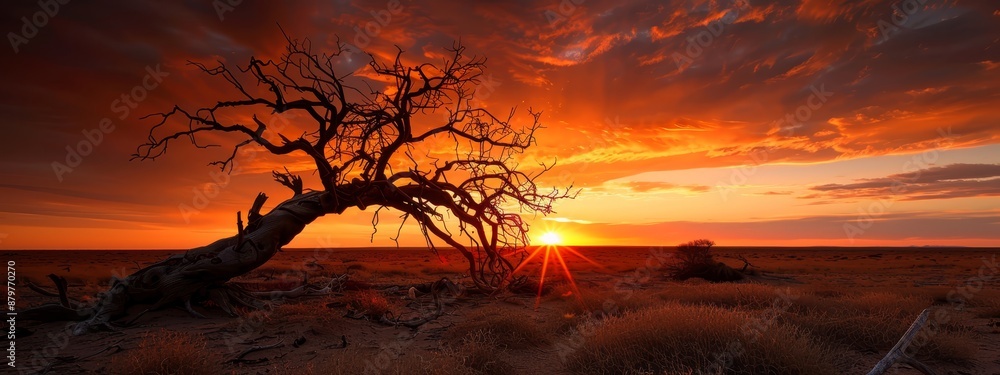 A dead tree in a desert, sun setting, clouds in the background A dead tree in a desert, sun setting, clouds in the background