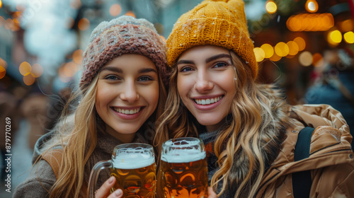 Two Smiling Women Enjoying Oktoberfest Beers - Festive Outdoor Celebration photo