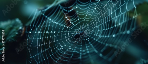  A tight shot of a spider's web with dewdrops on its intricate cobweb structure