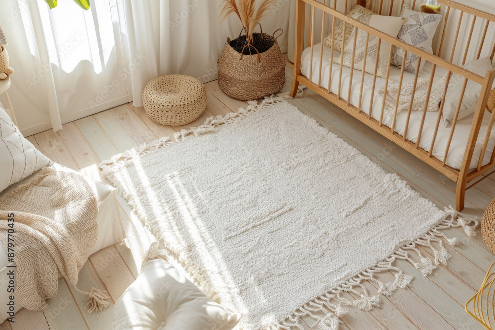 Bright and airy nursery with a rug, wooden crib, woven baskets and soft pillows Bright and airy nursery with a rug, wooden crib, woven baskets and soft pillows