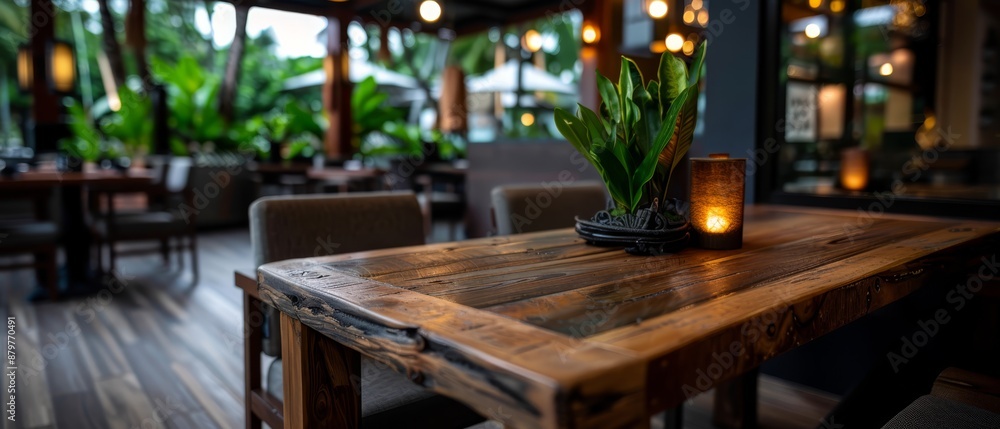 A wooden table, its top adorned with a potted plant, sits atop a hardwood floor Nearby, a window is filled with more potted plants A wooden table, its top adorned with a potted plant, sits atop a hardwood floor Nearby, a window is filled with more potted plants