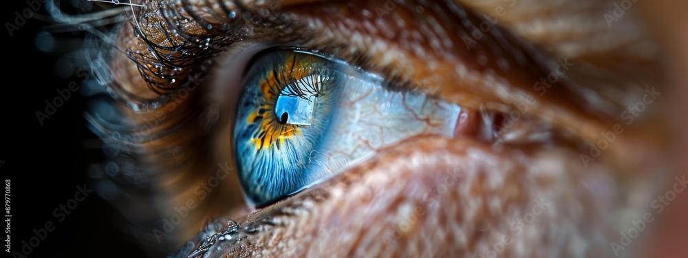 A detailed shot of an eye, featuring a blue and yellow iris at its core A detailed shot of an eye, featuring a blue and yellow iris at its core