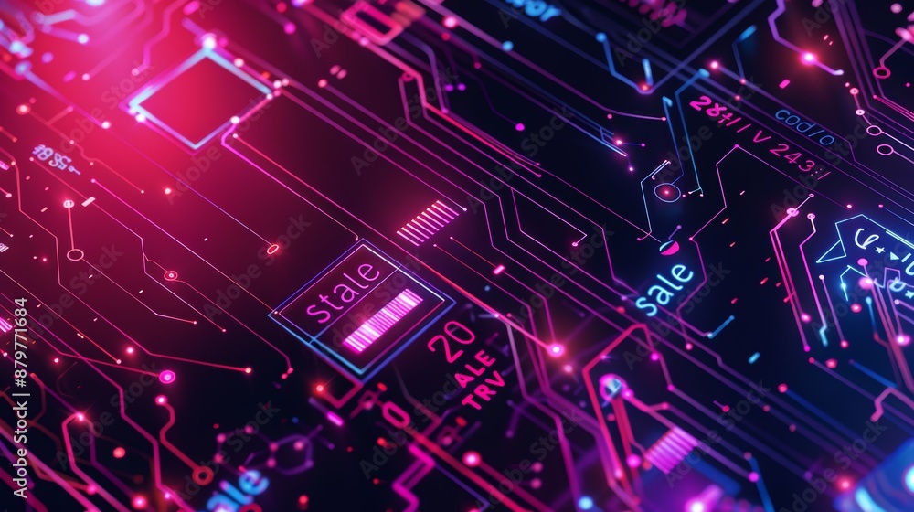 Futuristic Tech-Themed Banner for 2+1 Sale Event with Neon Colors and Circuit Patterns Futuristic Tech-Themed Banner for 2+1 Sale Event with Neon Colors and Circuit Patterns