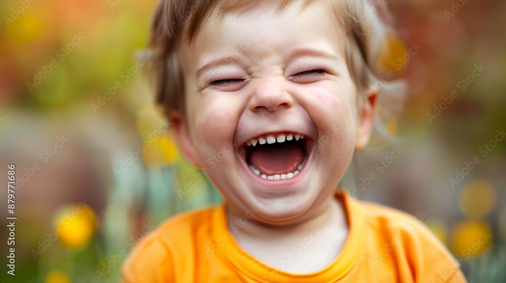 An adorable toddler with a big smile, eyes closed in rapturous laughter, showcasing pure and unfiltered happiness against a blurry, colorful nature background during a sunny day. An adorable toddler with a big smile, eyes closed in rapturous laughter, showcasing pure and unfiltered happiness against a blurry, colorful nature background during a sunny day.