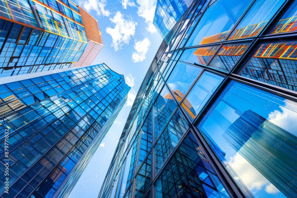 Obraz premium A low-angle view of a contemporary office building in a downtown cityscape, with mirrored windows reflecting the blue sky and other buildings
