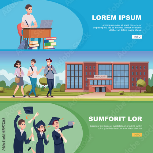 university people. students studying learning in university horizontal banners with place for text