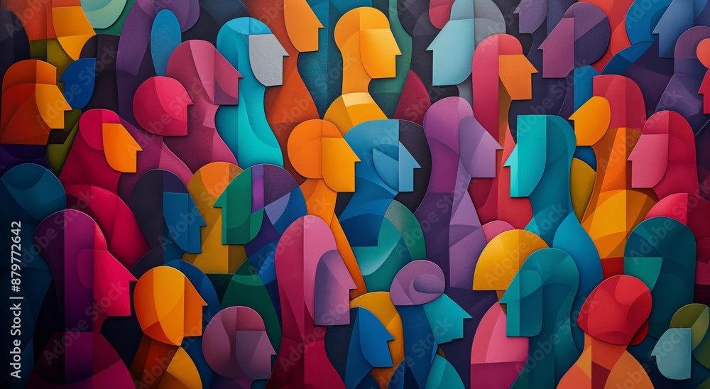 Shape Inclusivity Abstract geometric figures in a colorful crowd representing unity and ...