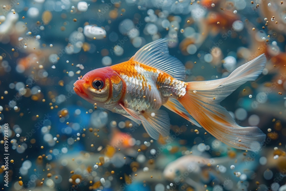 Fish swim in the lake with tiny plastic pellets floating in the water, indicating pollution in the freshwater eco-system. Fish swim in the lake with tiny plastic pellets floating in the water, indicating pollution in the freshwater eco-system.
