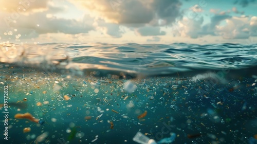 Marine debris including microplastic pellets floating on the ocean surface, illustrating widespread water pollution photo