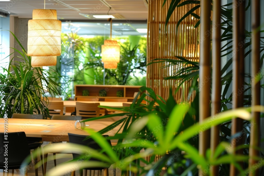 Fototapeta premium Modern office with circular wooden table and black chairs, lush green plants, bamboo wall, energy-efficient lighting like woven pendant lamp