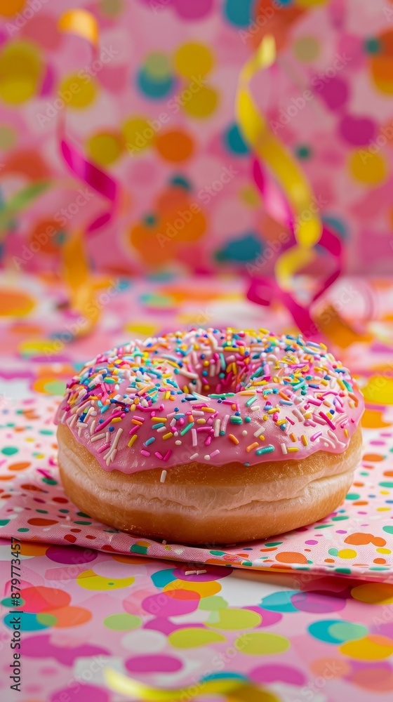 Delicious Pink Doughnut with Sprinkles on Colorful Napkin Surrounded by Vibrant Confetti and Streamers Delicious Pink Doughnut with Sprinkles on Colorful Napkin Surrounded by Vibrant Confetti and Streamers