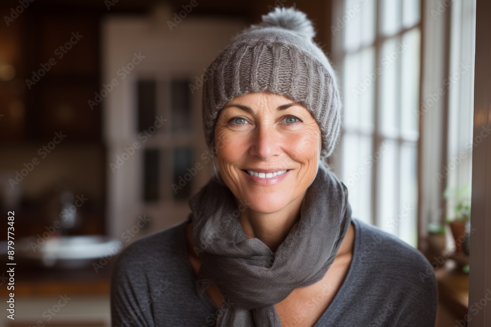 Portrait of a grinning woman in her 50s donning a warm wool beanie in scandinavian-style interior background Portrait of a grinning woman in her 50s donning a warm wool beanie in scandinavian-style interior background