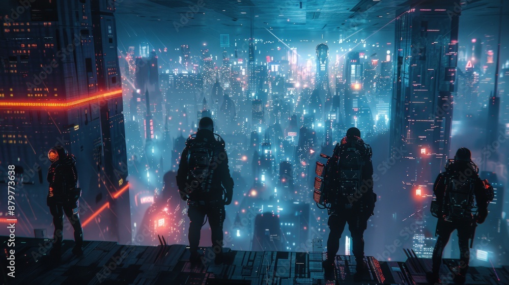 A group of four people are standing on a rooftop in a cityscape. Generate AI image A group of four people are standing on a rooftop in a cityscape. Generate AI image