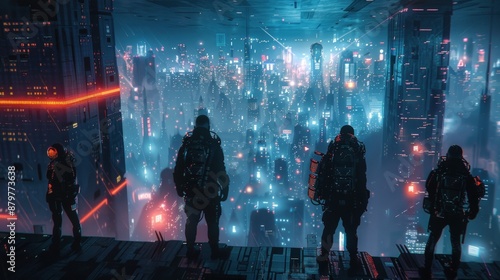 Fototapeta Naklejka Na Ścianę i Meble -  A group of four people are standing on a rooftop in a cityscape. Generate AI image