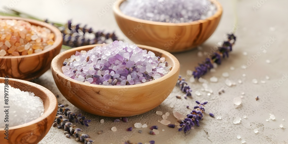Image of essential oils salts and lavender in wooden bowls for relaxation. Concept Relaxation, Aromatherapy, Spa, Wellness, Natural Remedies Image of essential oils salts and lavender in wooden bowls for relaxation. Concept Relaxation, Aromatherapy, Spa, Wellness, Natural Remedies