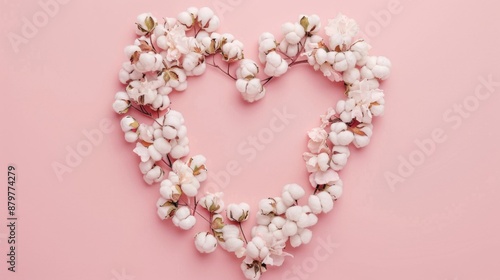Heart-shaped floral composition of pink flowers and cotton on pastel pink background