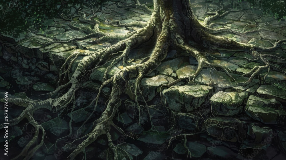 Tree roots breaking through a stone slab, merging natural power with solidity, detailed scene Tree roots breaking through a stone slab, merging natural power with solidity, detailed scene