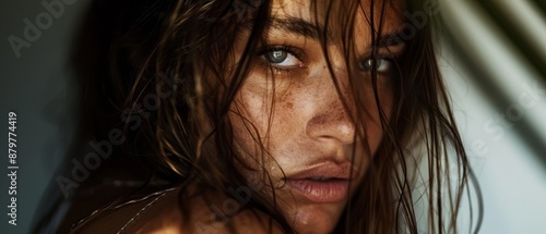  A tight shot of a woman's visage, her unruly curls framing her features as wind rustles through her hair photo