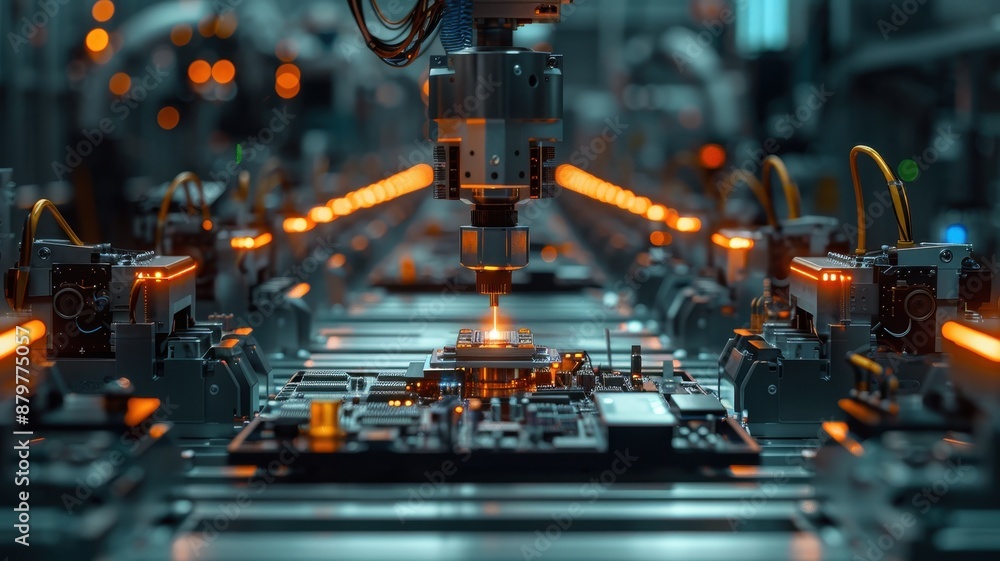 High-tech robotic arm working in advanced electronics manufacturing factory. Precision engineering and automation in action. High-tech robotic arm working in advanced electronics manufacturing factory. Precision engineering and automation in action.