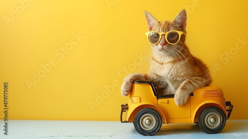 Cute cat with yellow sunglasses driving a toy jeep against a vibrant yellow backdrop appearing playful and trendy creating a humorous scene