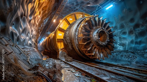 Massive tunnel boring machine in an underground tunnel with dramatic lighting, showcasing industrial machinery and construction engineering.