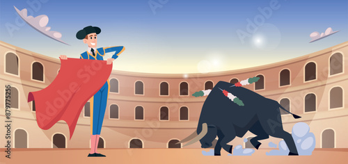 bullfighting. cartoon background with toreador and bull spain traditional show