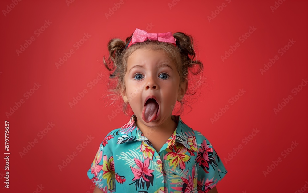 A young girl with a playful expression sticking out her tongue against a red background wearing a colorful floral shirt and showcasing her fun personality A young girl with a playful expression sticking out her tongue against a red background wearing a colorful floral shirt and showcasing her fun personality