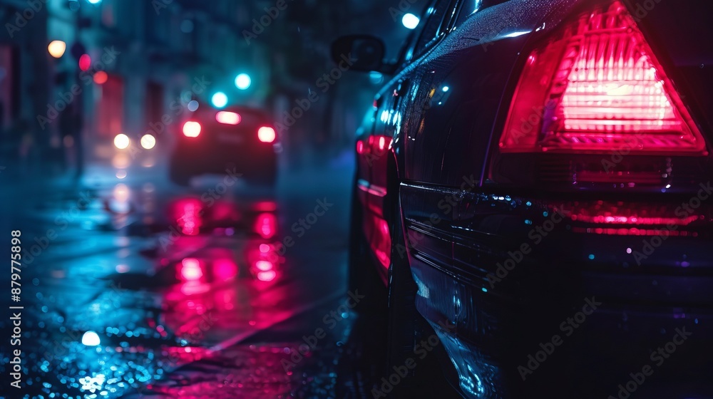 A view of a wet city street at night with cars, vibrant reflections from street lights, and a deep sense of urban life and mystery captured in the scene. A view of a wet city street at night with cars, vibrant reflections from street lights, and a deep sense of urban life and mystery captured in the scene.