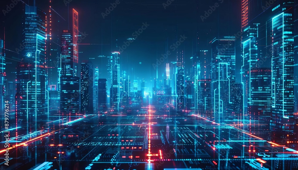 Futuristic cityscape with neon lights, showcasing advanced cyber technology and vibrant digital world in a night urban environment. Futuristic cityscape with neon lights, showcasing advanced cyber technology and vibrant digital world in a night urban environment.