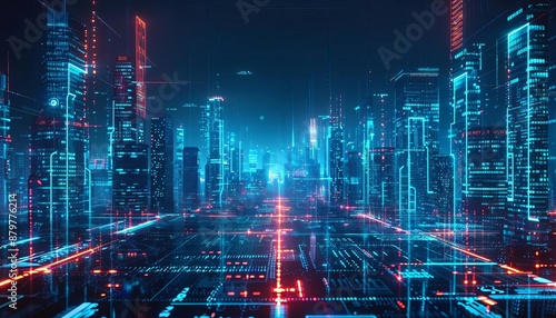 Wallpaper Mural Futuristic cityscape with neon lights, showcasing advanced cyber technology and vibrant digital world in a night urban environment. Torontodigital.ca