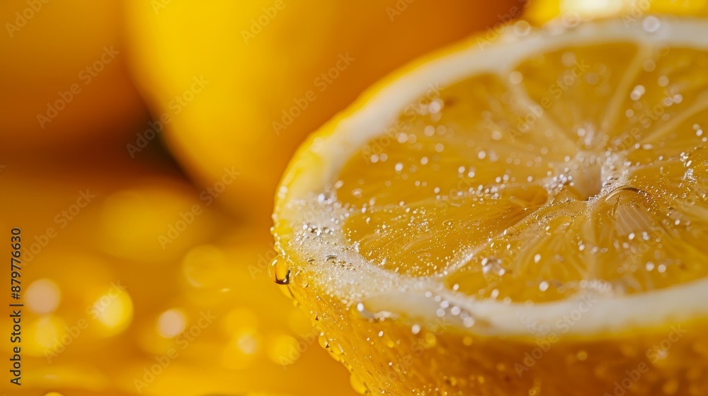 A tight shot of a lemon slice, displaying water droplets atop, with lemons in the backdrop A tight shot of a lemon slice, displaying water droplets atop, with lemons in the backdrop
