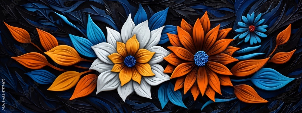 A painting of vibrant orange, white, and blue blooms against a black backdrop; flowers and leaves prominently displayed in the composition A painting of vibrant orange, white, and blue blooms against a black backdrop; flowers and leaves prominently displayed in the composition
