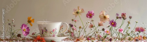 Realistic flowers blossoming from seeds in a tea cup, contrasting life with stillness, highly detailed