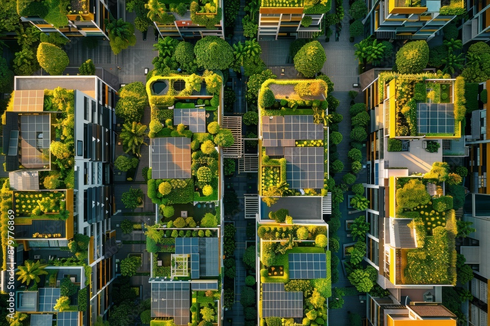 An aerial view of a modern city with sustainable architecture ...