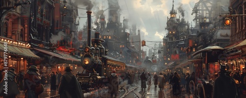 A steampunk city bustling with activity, its streets filled with the clang of machinery and the hiss of steam. photo