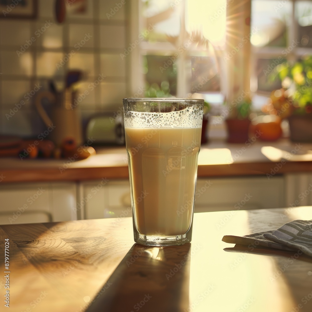 Fortified Milk Glass in Sunny Kitchen Window - Health and Nutrition Concept Fortified Milk Glass in Sunny Kitchen Window - Health and Nutrition Concept