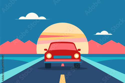 Cartoon car driving down the road to the horizon and rising sun. Retro flat styled concept of travel, on vacation