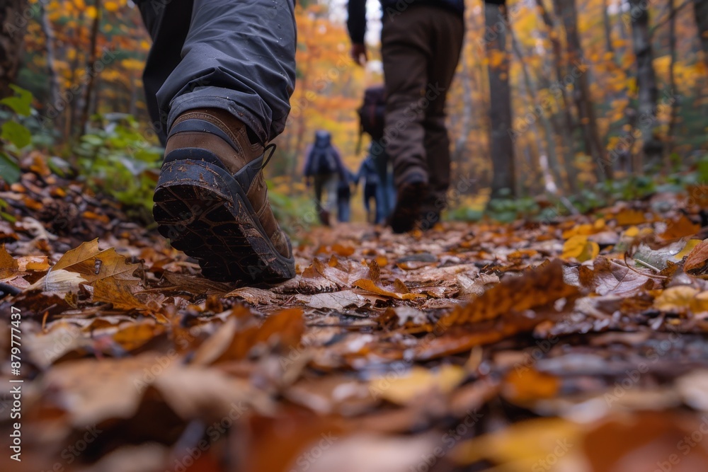 Hikers traverse a winding trail in an autumn forest, leaves crunching underfoot as they make their way through the colorful woodland Hikers traverse a winding trail in an autumn forest, leaves crunching underfoot as they make their way through the colorful woodland